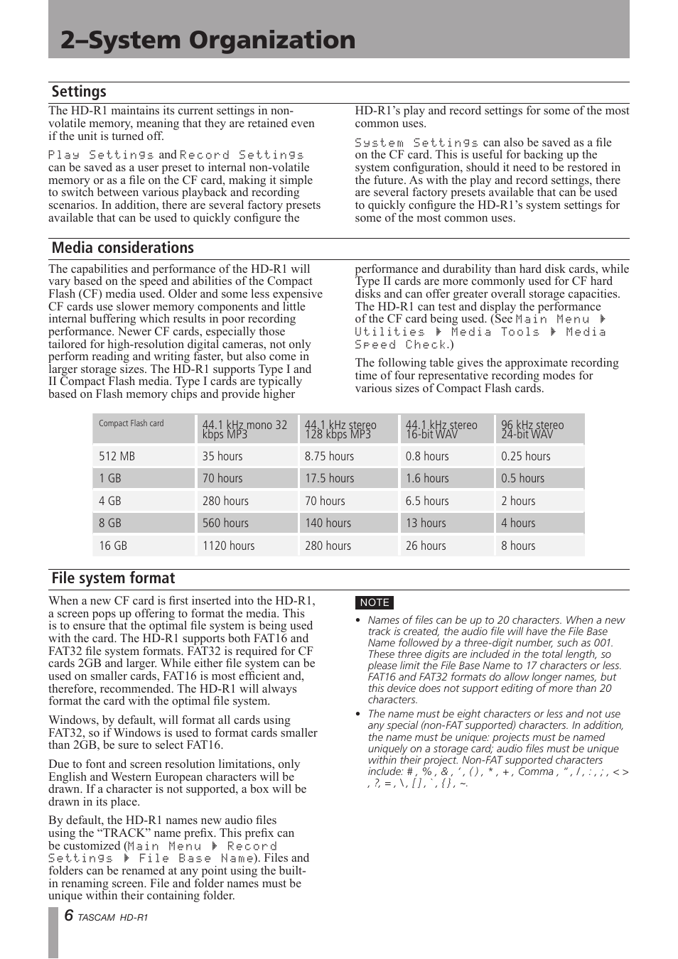 Settings, Media considerations, File system format | 2–system organization, Settings media considerations file system format | Tascam HD-R1 User Manual | Page 6 / 24