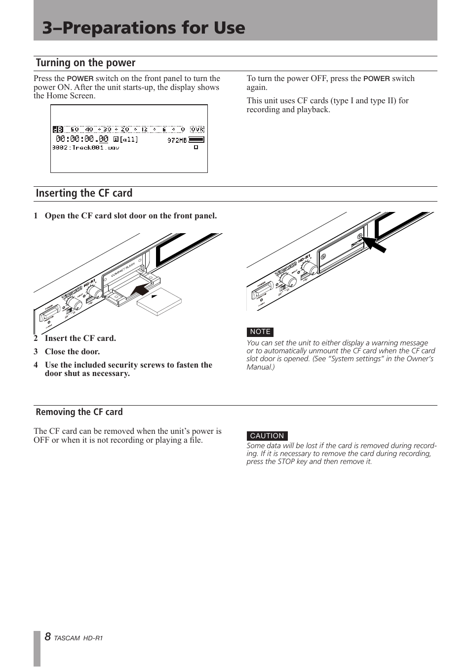 Turning on the power, Inserting the cf card, Removing the cf card | 3–preparations for use, Turning on the power inserting the cf card | Tascam HD-R1 User Manual | Page 8 / 24