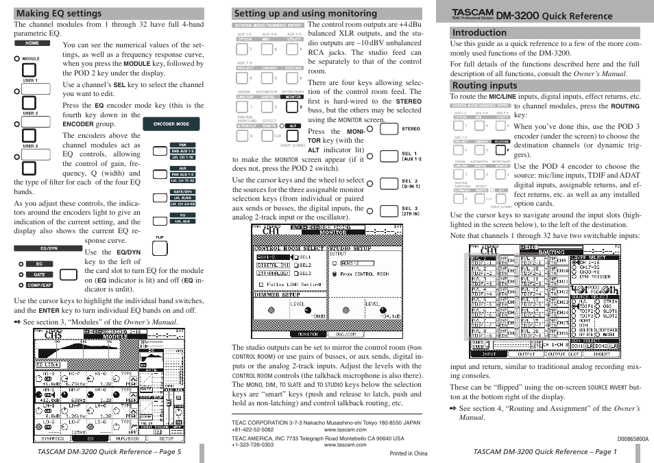 Tascam QUICK REFERENCE DM-3200 User Manual | 2 pages