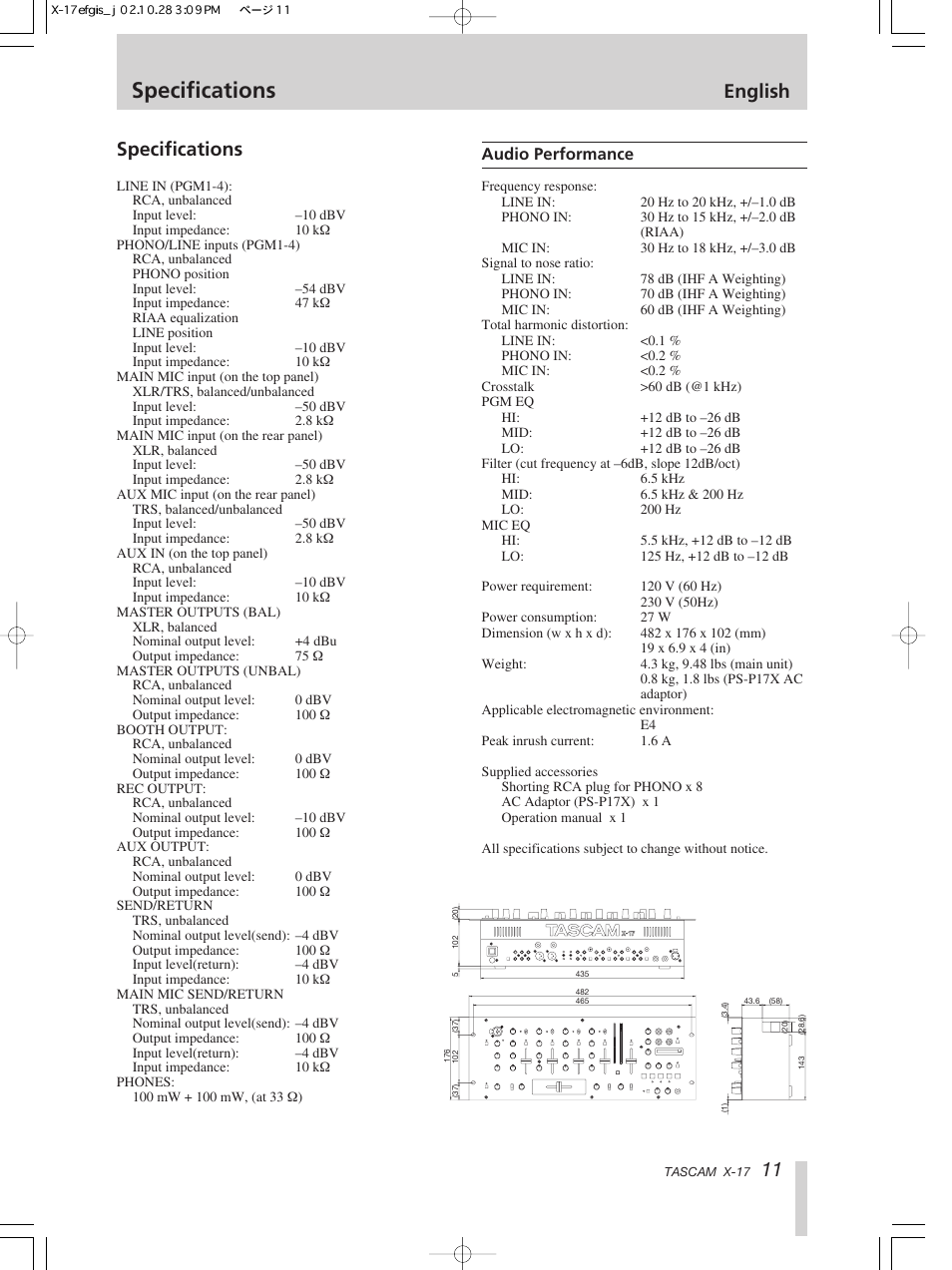 Specifications, English specifications | Tascam X-17 User Manual | Page 11 / 52