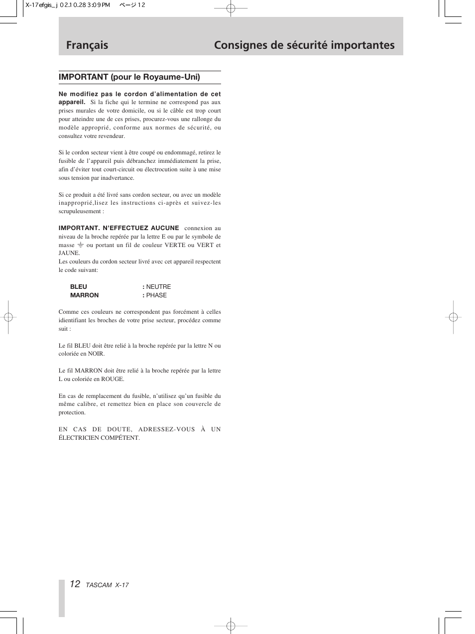 Français consignes de sécurité importantes | Tascam X-17 User Manual | Page 12 / 52