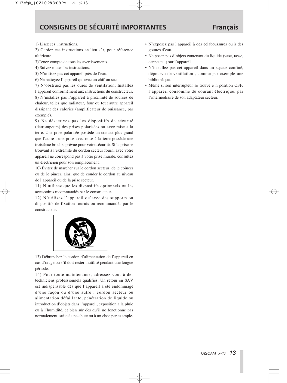 Consignes de sécurité importantes français | Tascam X-17 User Manual | Page 13 / 52