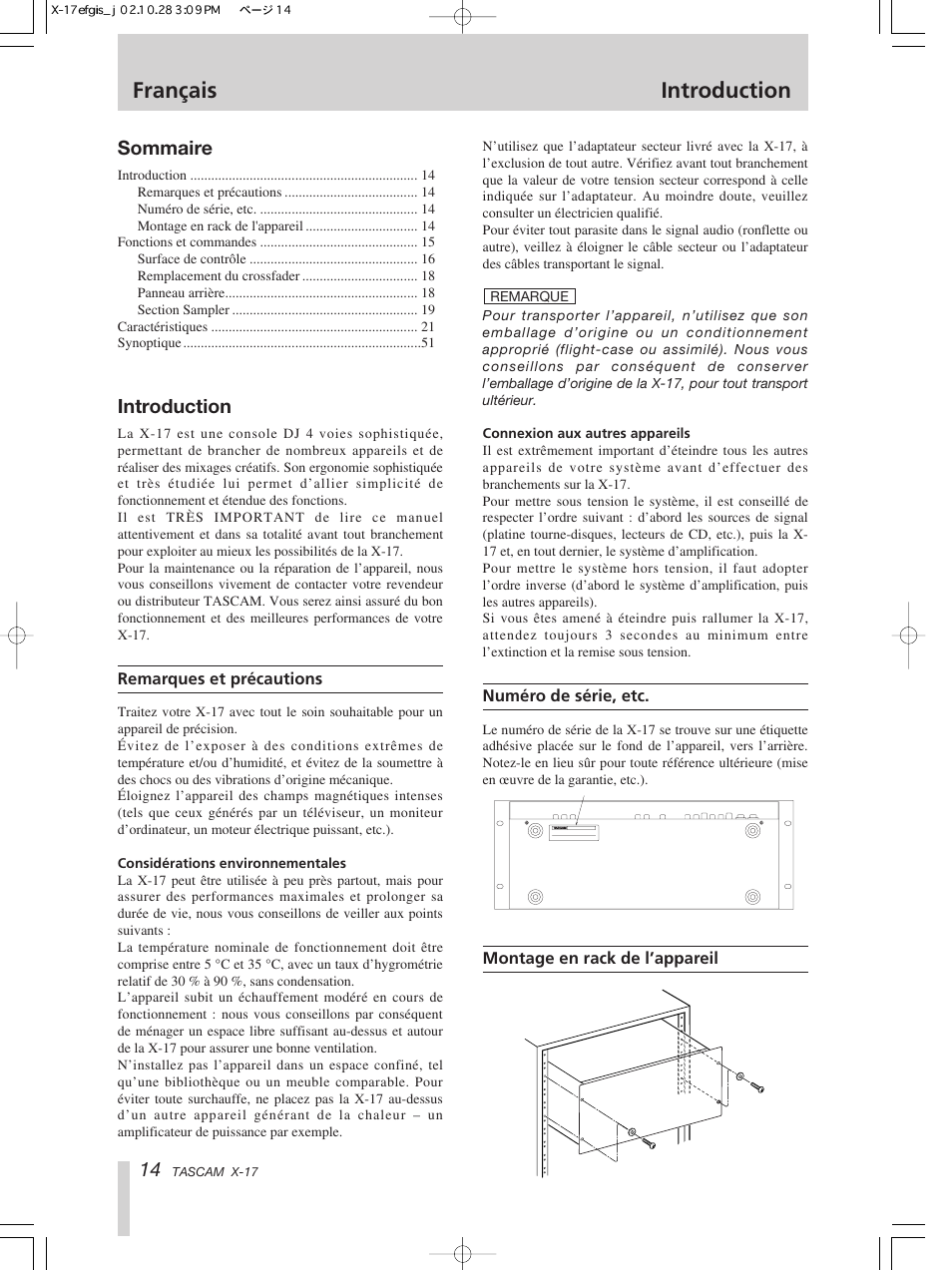 Français introduction | Tascam X-17 User Manual | Page 14 / 52