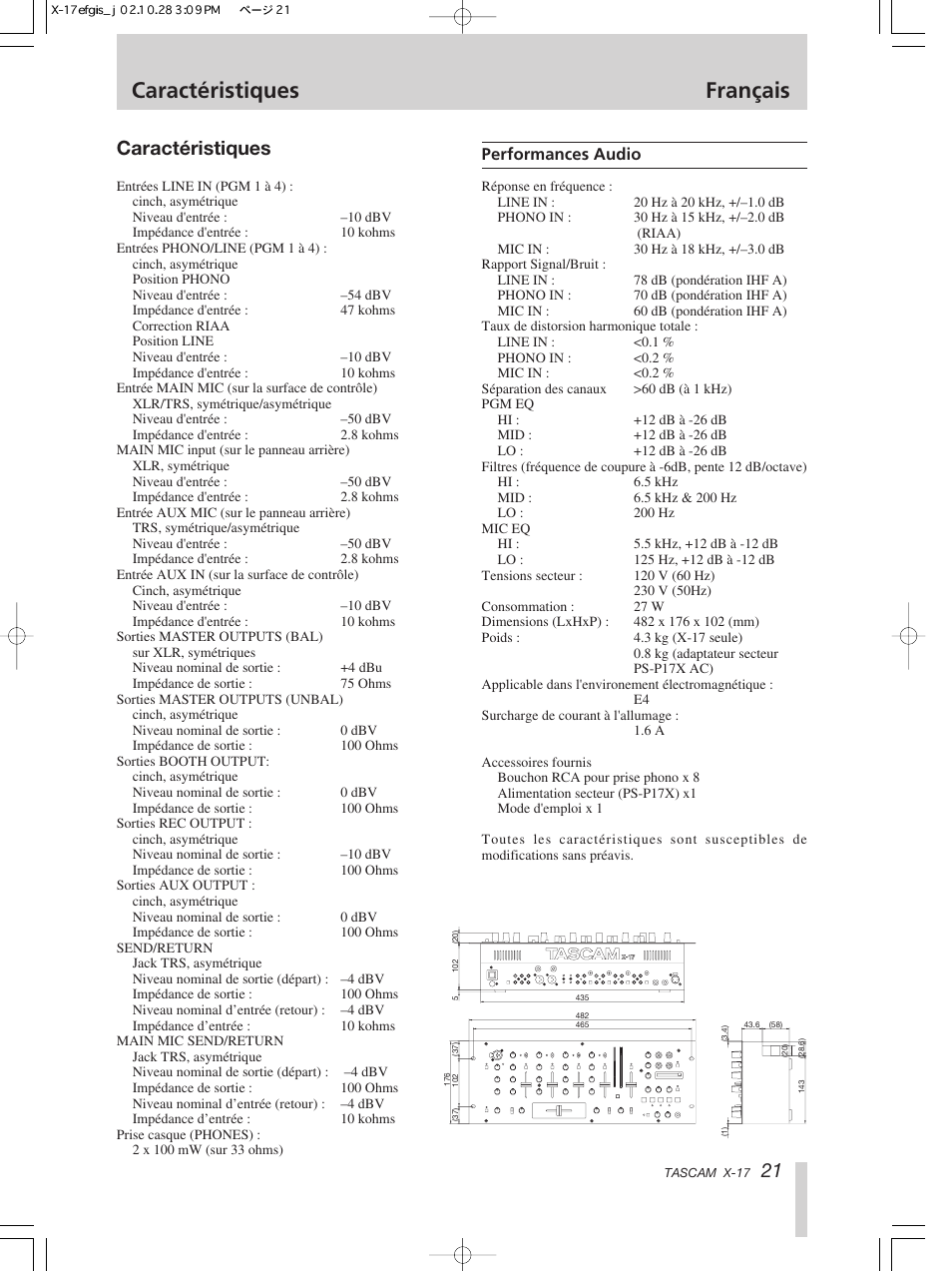 Caractéristiques français, Caractéristiques | Tascam X-17 User Manual | Page 21 / 52