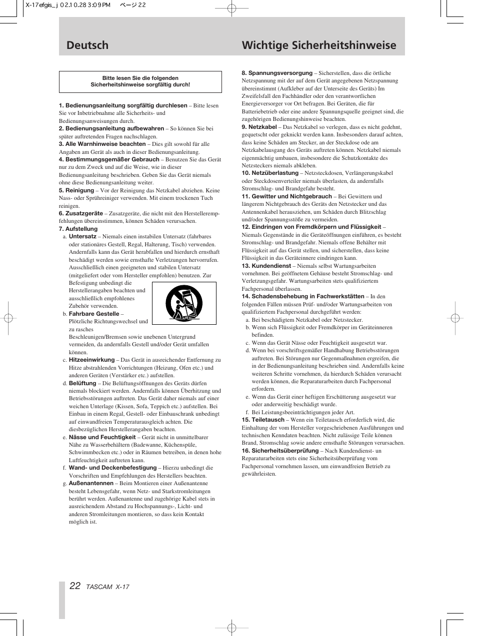 Deutsch wichtige sicherheitshinweise | Tascam X-17 User Manual | Page 22 / 52
