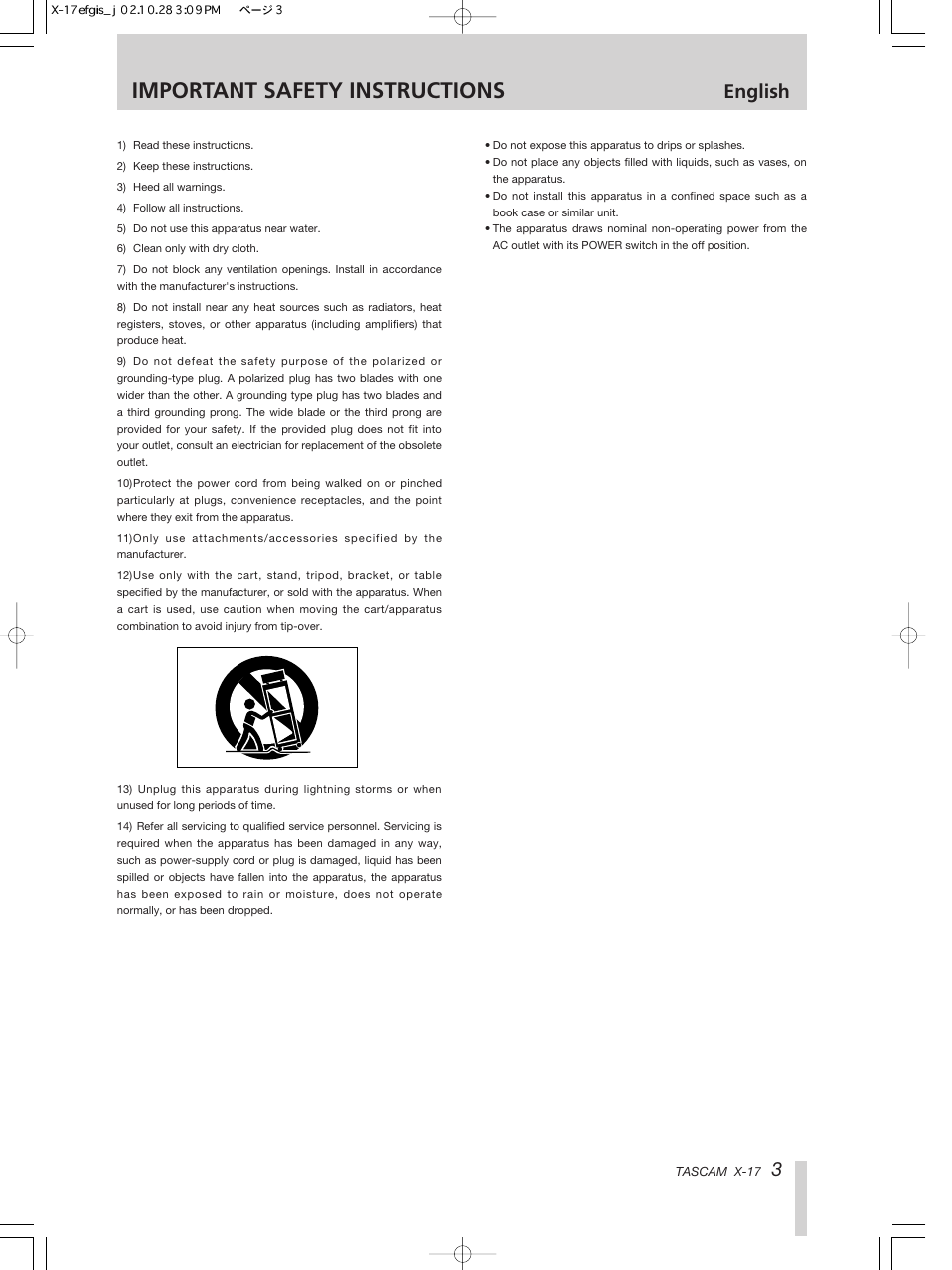 Important safety instructions, English | Tascam X-17 User Manual | Page 3 / 52