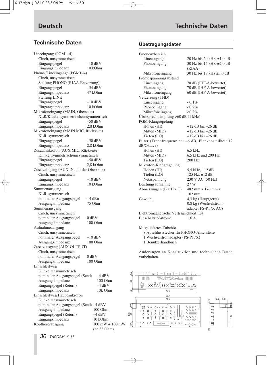 Deutsch technische daten, Technische daten | Tascam X-17 User Manual | Page 30 / 52