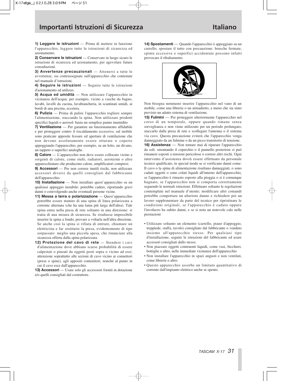 Importanti istruzioni di sicurezza italiano | Tascam X-17 User Manual | Page 31 / 52