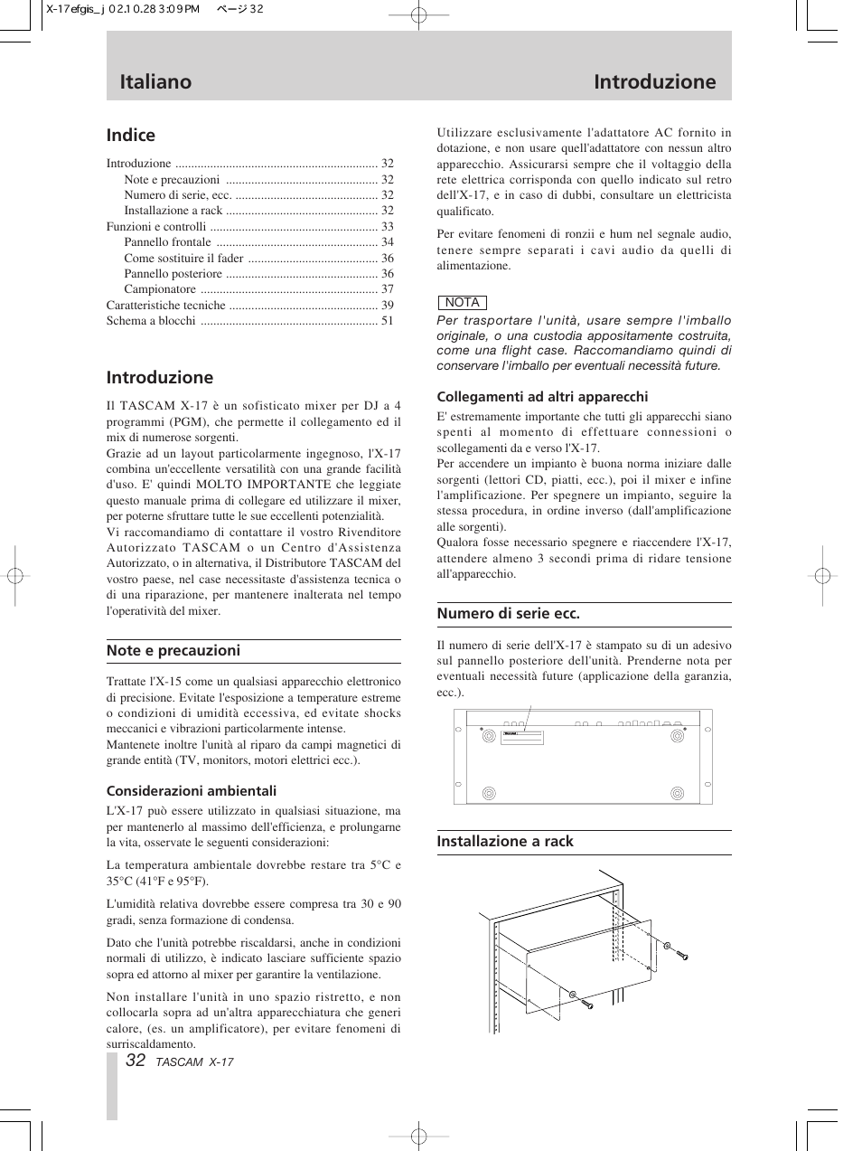 Italiano introduzione, Indice, Introduzione | Tascam X-17 User Manual | Page 32 / 52