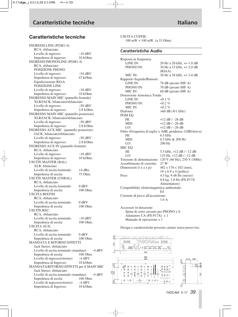 Caratteristiche tecniche italiano, Caratteristiche tecniche | Tascam X-17 User Manual | Page 39 / 52