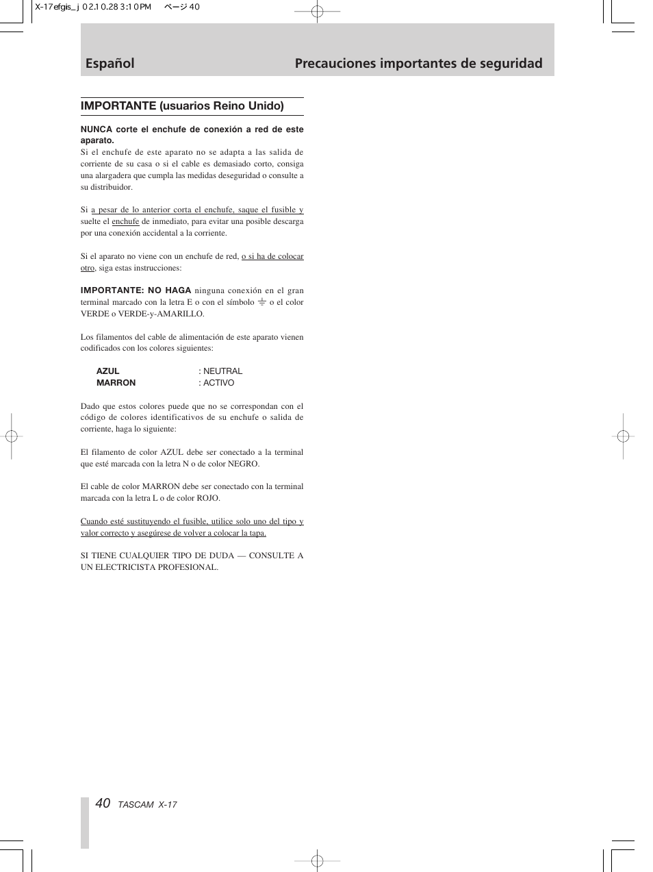 Español precauciones importantes de seguridad | Tascam X-17 User Manual | Page 40 / 52