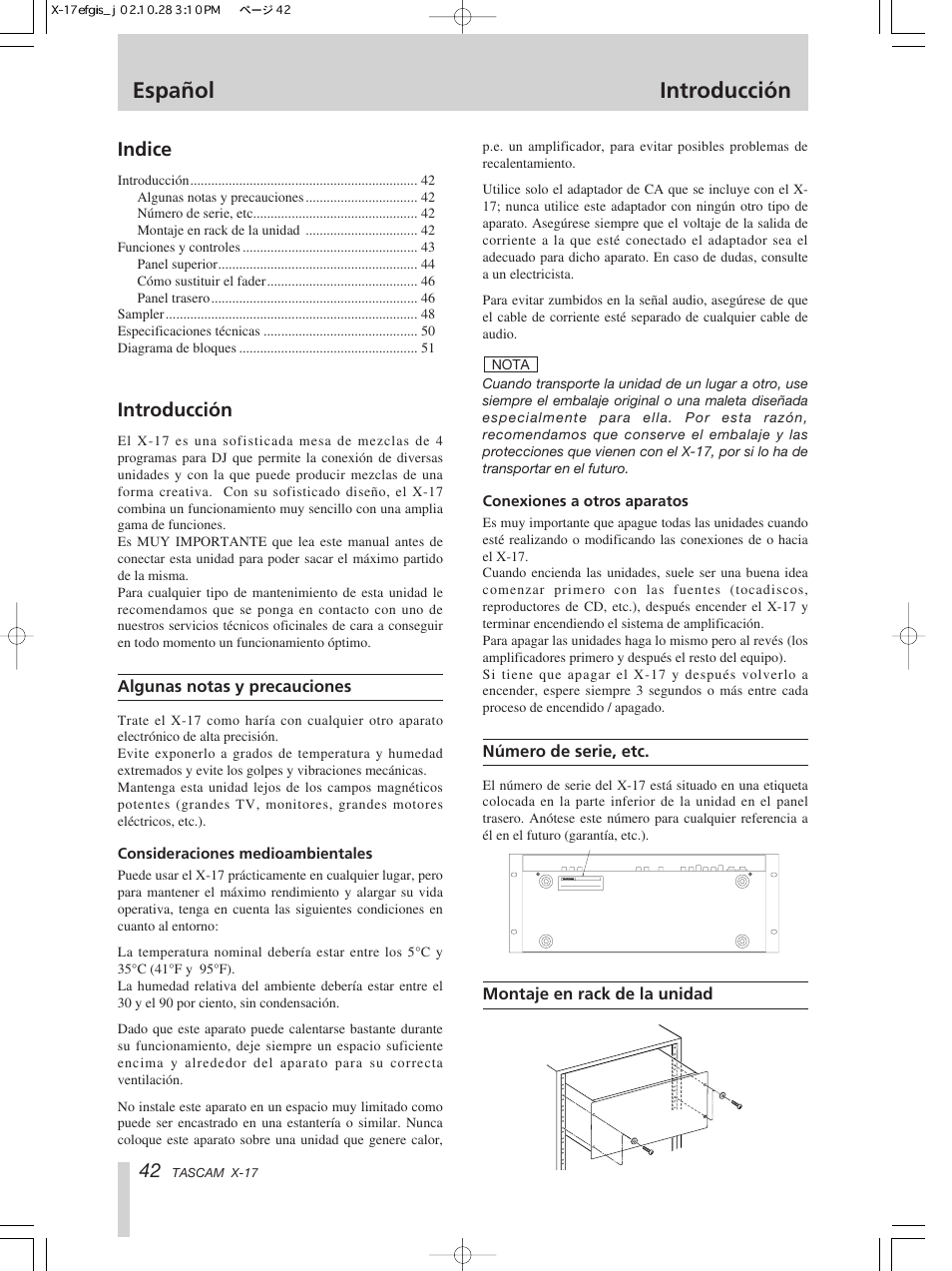 Español introducción, Indice, Introducción | Tascam X-17 User Manual | Page 42 / 52