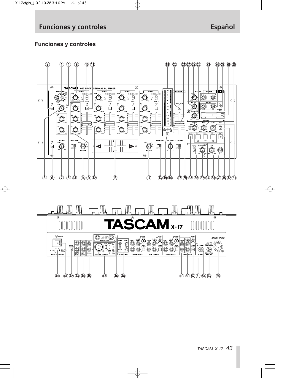 Funciones y controles español | Tascam X-17 User Manual | Page 43 / 52