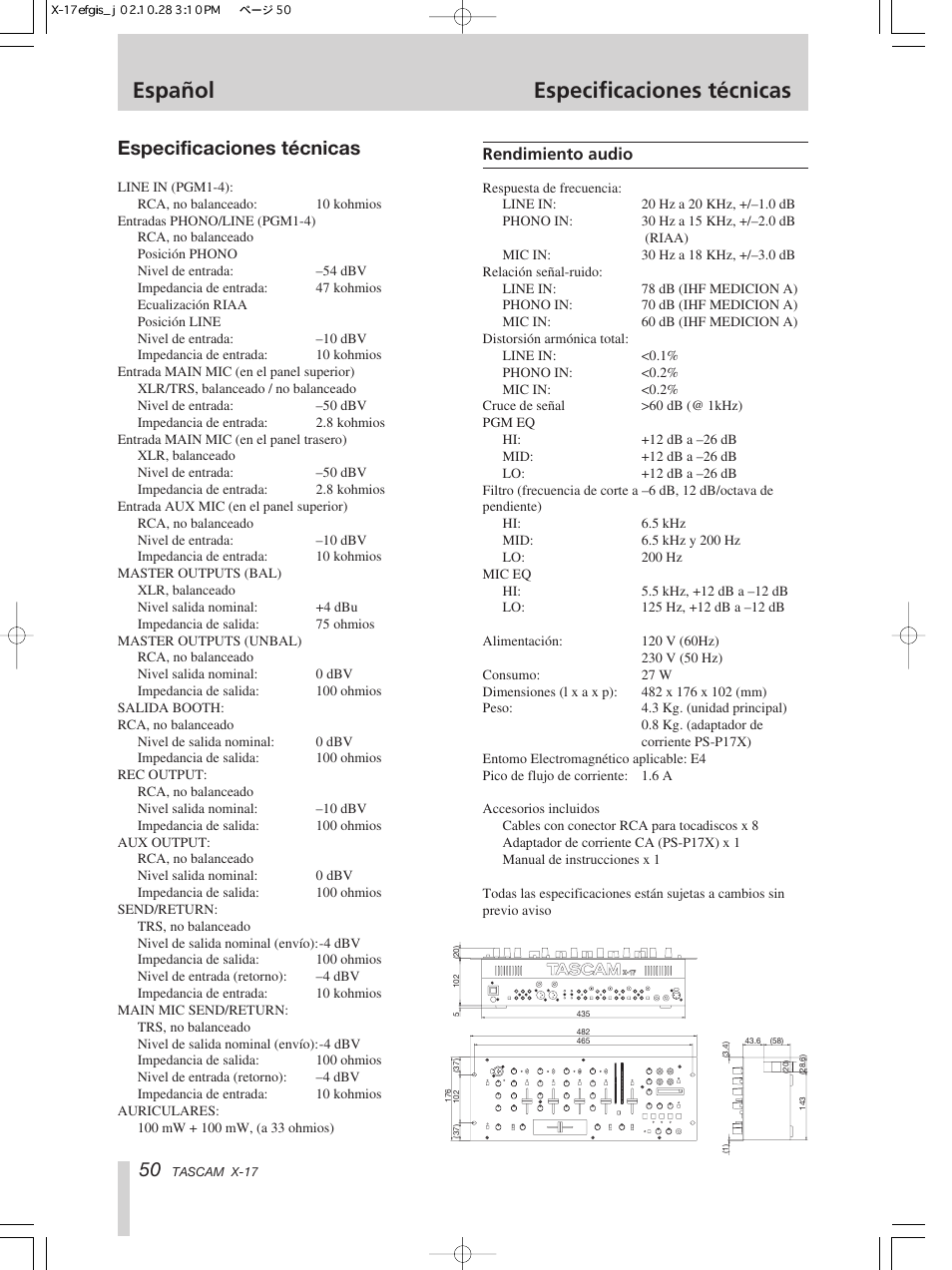 Español especificaciones técnicas, Especificaciones técnicas | Tascam X-17 User Manual | Page 50 / 52