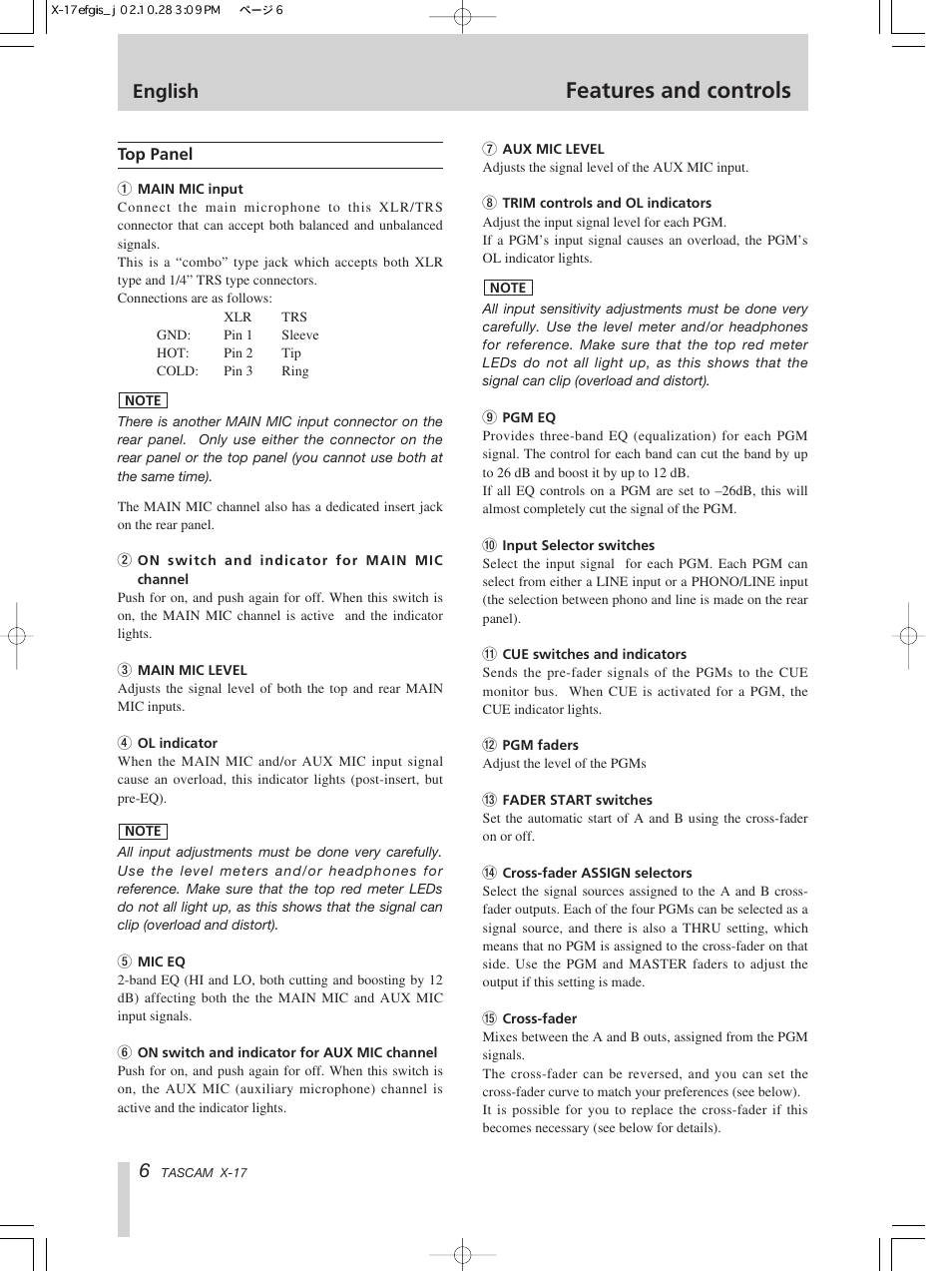 Features and controls, English | Tascam X-17 User Manual | Page 6 / 52