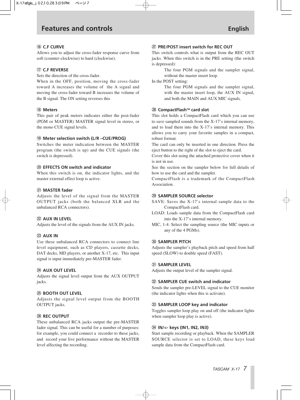 Features and controls, English | Tascam X-17 User Manual | Page 7 / 52