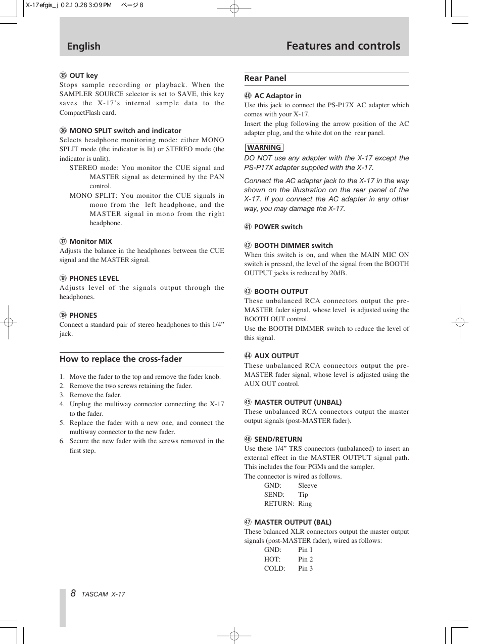 Features and controls, English | Tascam X-17 User Manual | Page 8 / 52