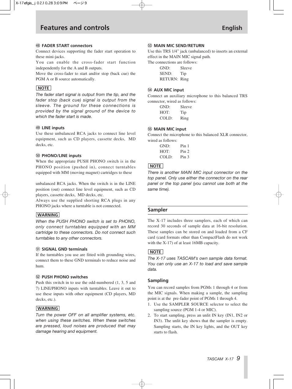 Features and controls, English | Tascam X-17 User Manual | Page 9 / 52