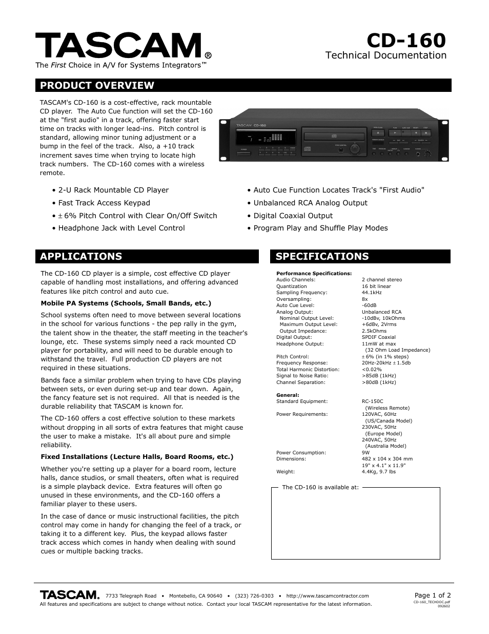 Tascam CD-160 User Manual | 2 pages