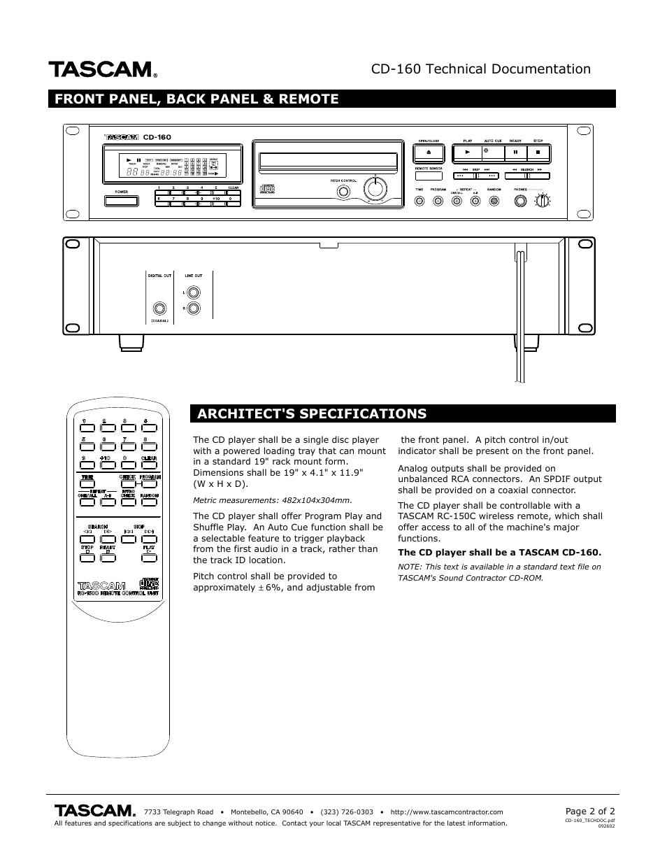 Cd-160 technical documentation, Front panel, back panel & remote, Architect's specifications | Tascam CD-160 User Manual | Page 2 / 2