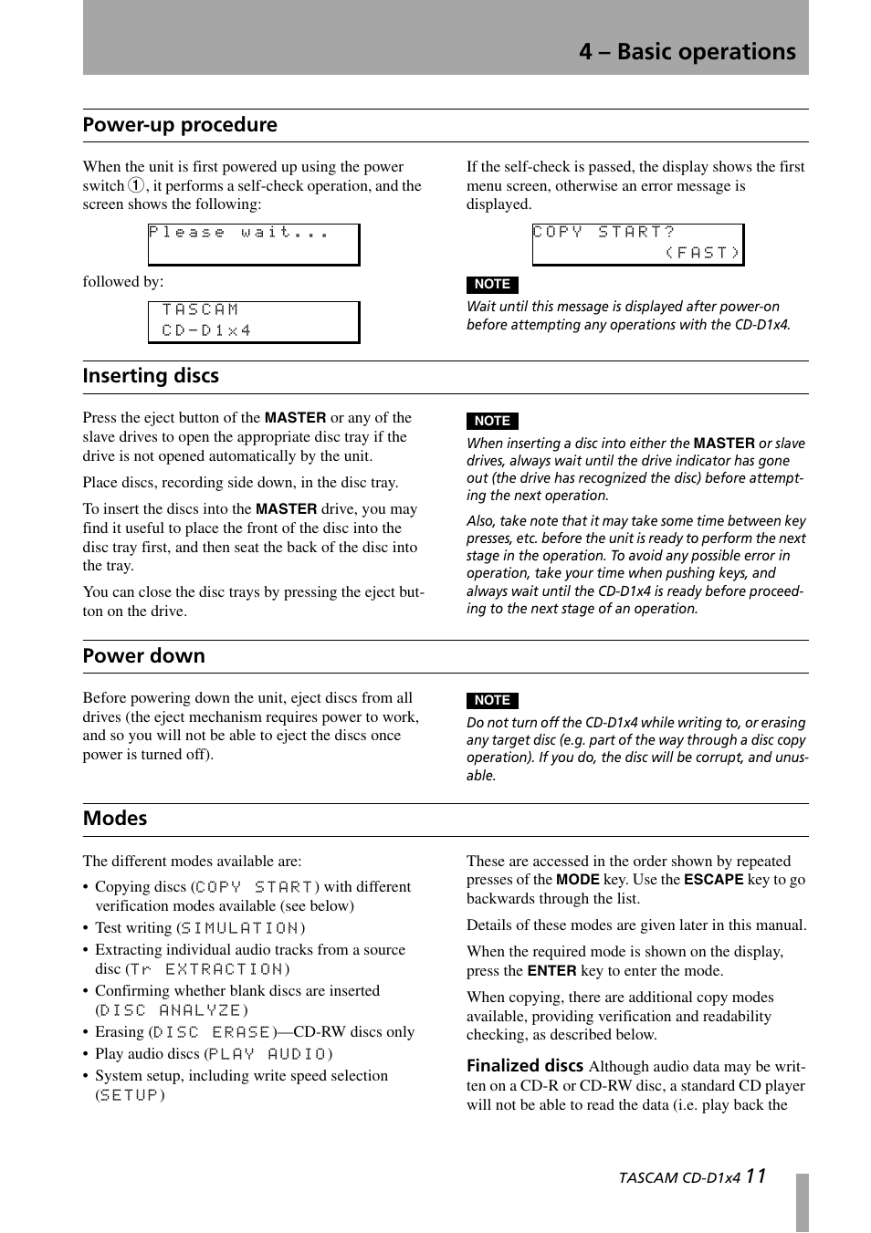 4 – basic operations, Power-up procedure, Inserting discs | Power down, Modes, Finalized discs | Tascam CD-D1X4 User Manual | Page 11 / 22