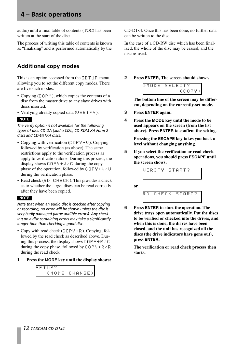 Additional copy modes, 4 – basic operations | Tascam CD-D1X4 User Manual | Page 12 / 22