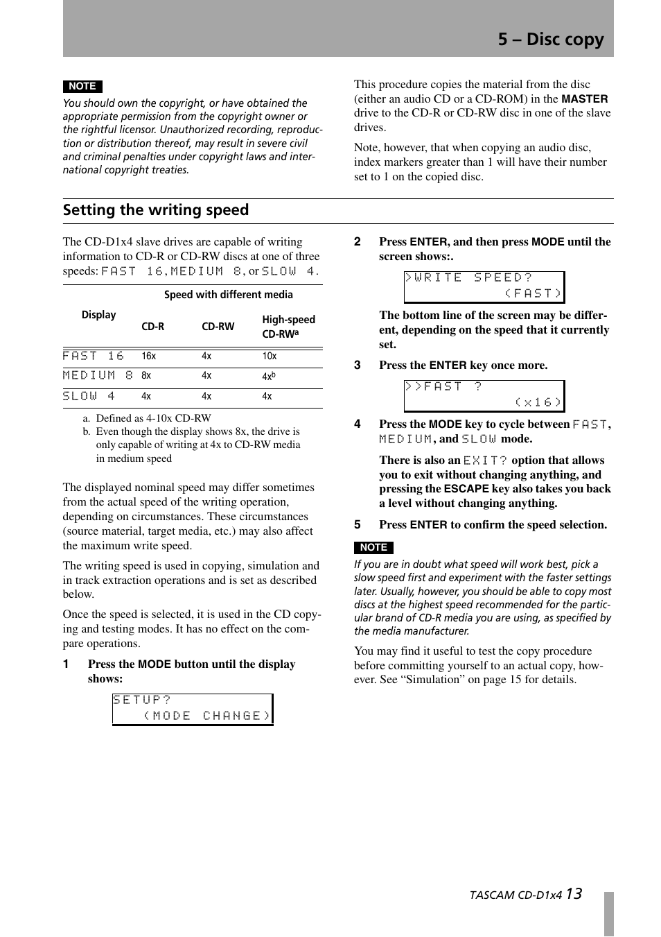 5 – disc copy, Setting the writing speed, 5 – d | Tascam CD-D1X4 User Manual | Page 13 / 22