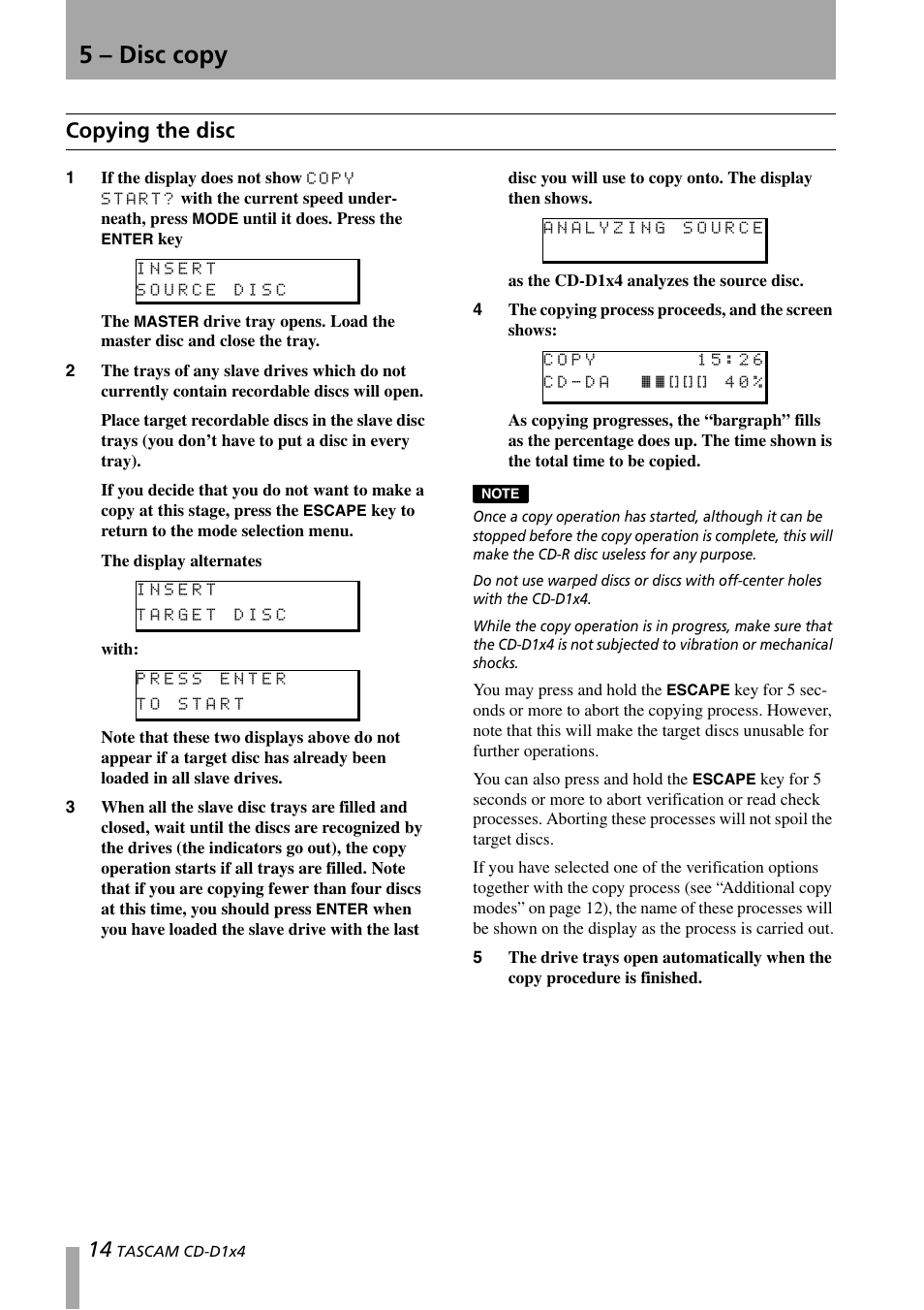 Copying the disc, 5 – disc copy | Tascam CD-D1X4 User Manual | Page 14 / 22