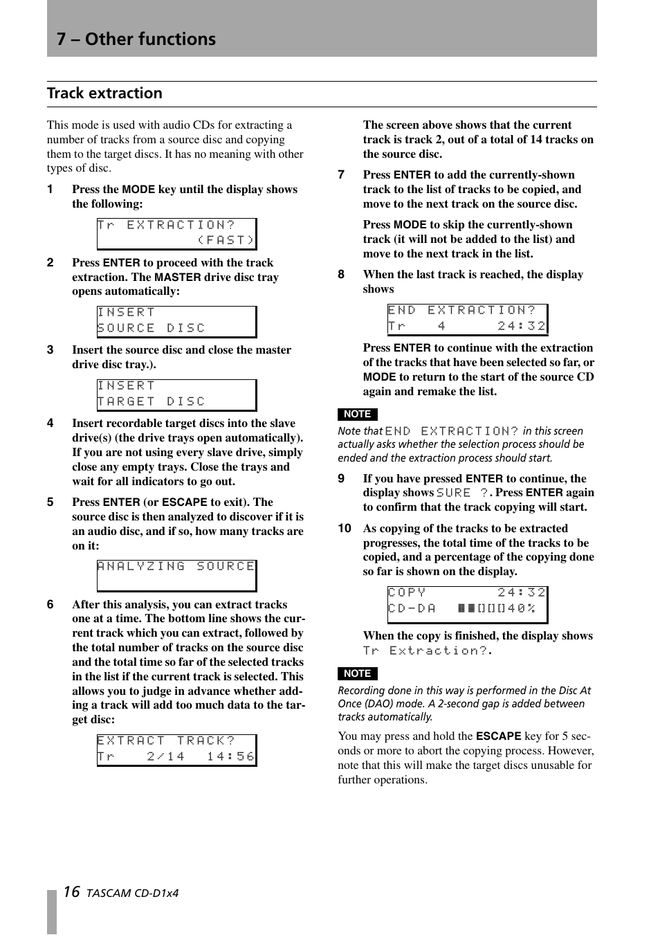 7 – other functions, Track extraction | Tascam CD-D1X4 User Manual | Page 16 / 22