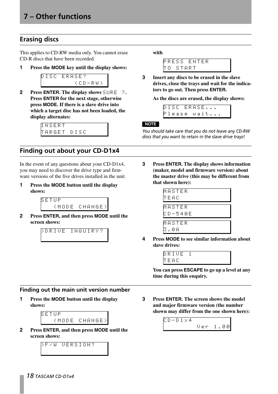 Erasing discs, Finding out about your cd-d1x4, Finding out the main unit version number | Erasing discs finding out about your cd-d1x4, 7 – other functions | Tascam CD-D1X4 User Manual | Page 18 / 22