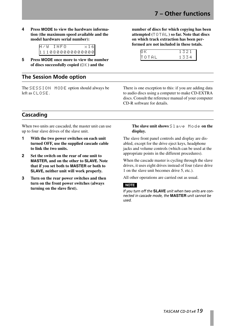 The session mode option, Cascading, The session mode option cascading | 7 – other functions | Tascam CD-D1X4 User Manual | Page 19 / 22
