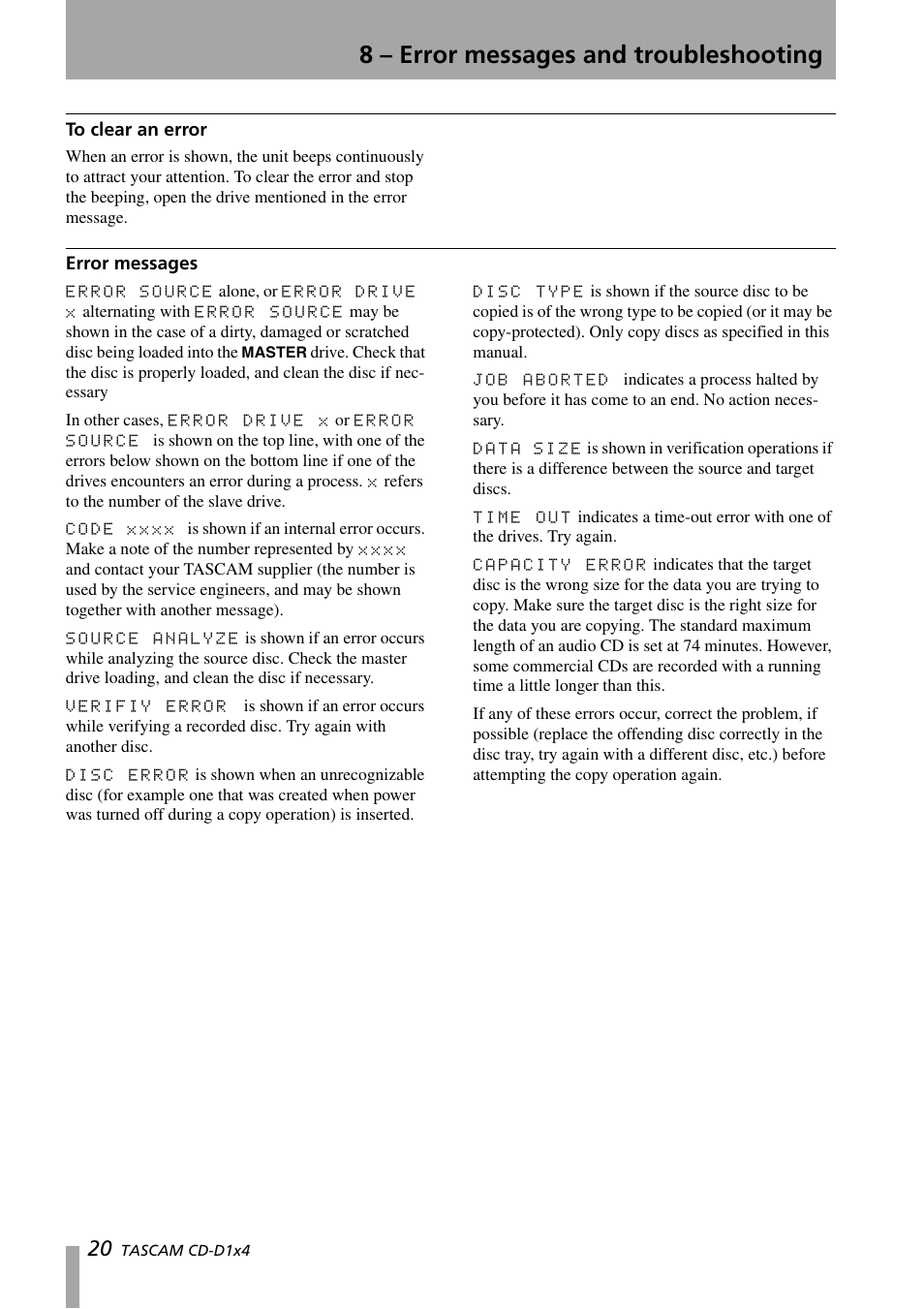 8 – error messages and troubleshooting, To clear an error, Error messages | To clear an error error messages | Tascam CD-D1X4 User Manual | Page 20 / 22