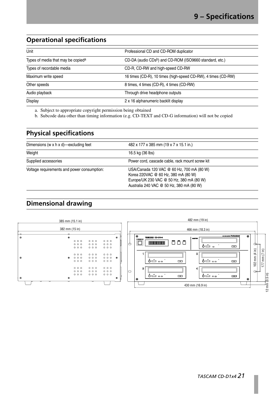 9 – specifications, Operational specifications, Physical specifications | Dimensional drawing | Tascam CD-D1X4 User Manual | Page 21 / 22