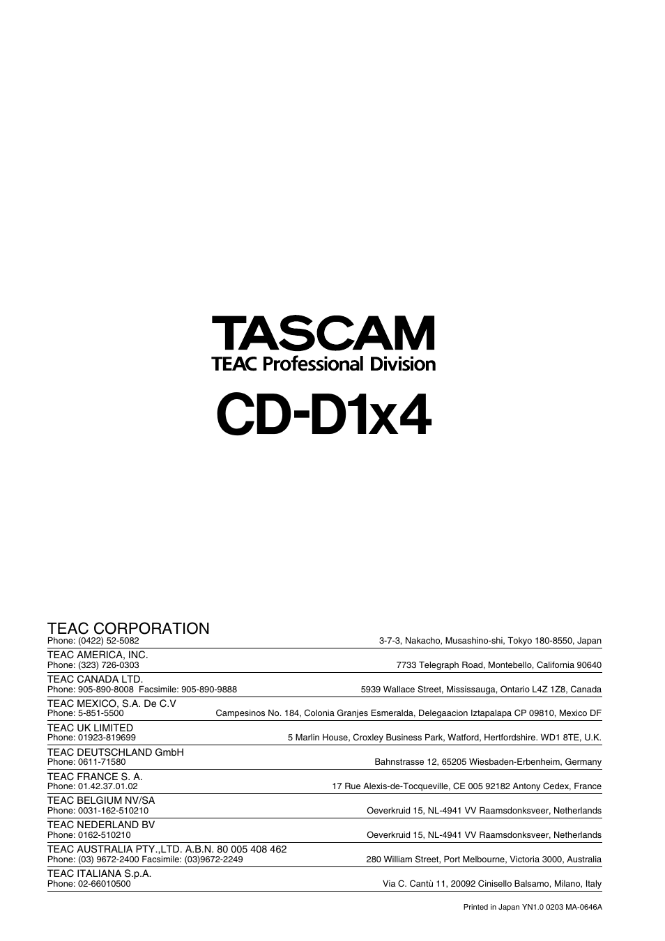 Cd-d1x4, Teac corporation | Tascam CD-D1X4 User Manual | Page 22 / 22
