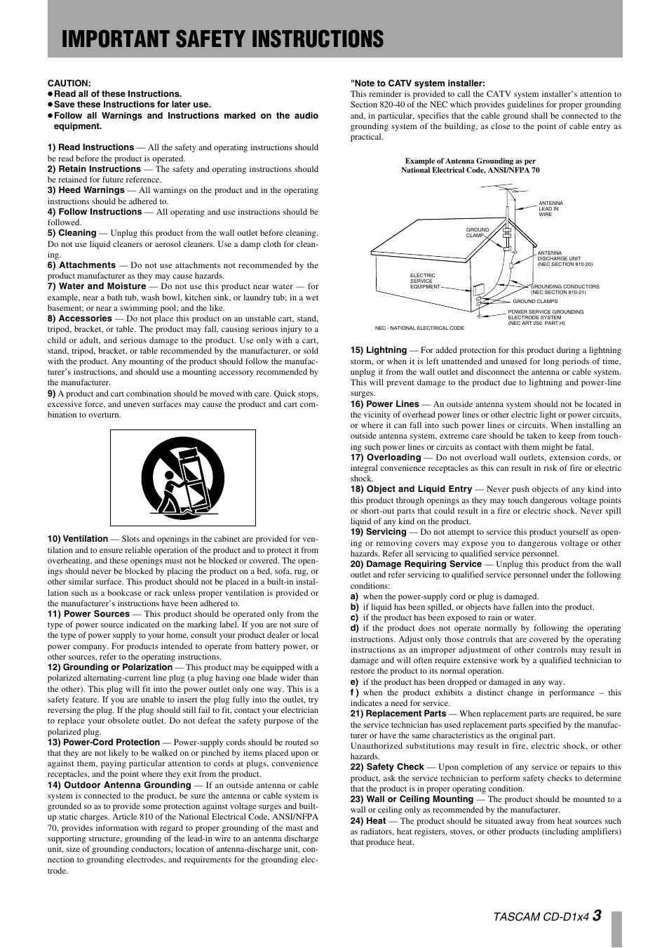 Important safety instructions | Tascam CD-D1X4 User Manual | Page 3 / 22
