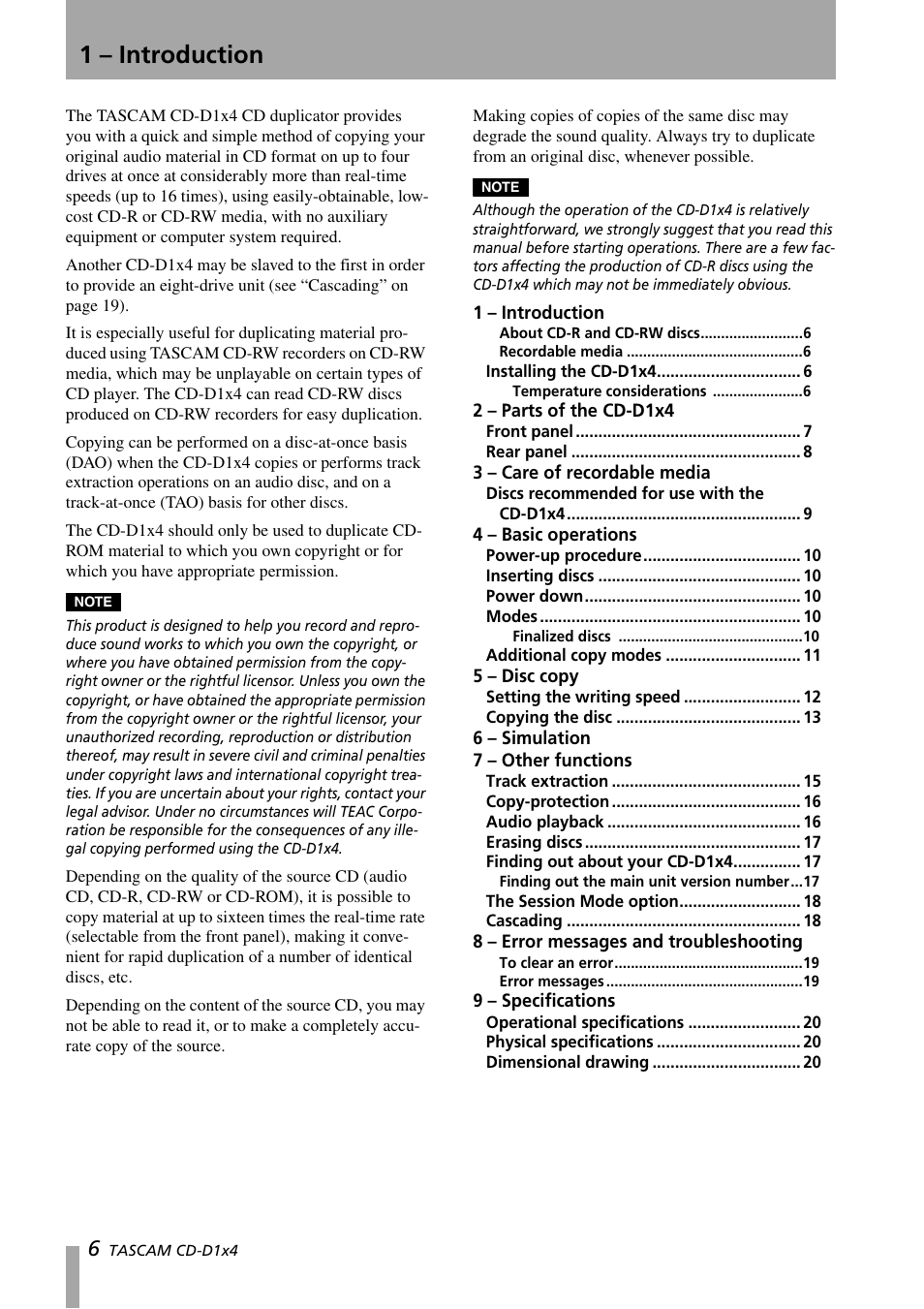 1 – introduction | Tascam CD-D1X4 User Manual | Page 6 / 22