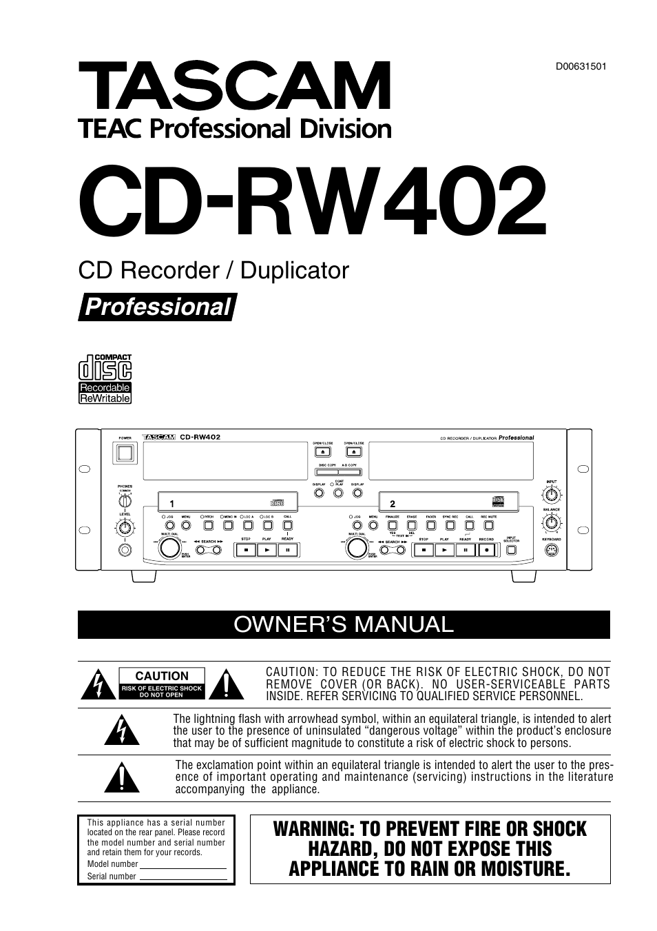 Tascam CD-RW402 User Manual | 56 pages