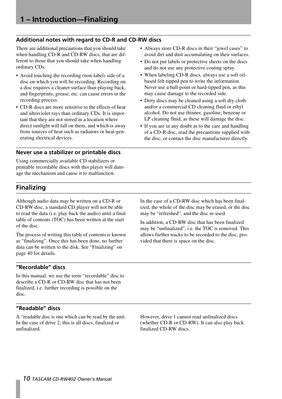 Never use a stabilizer or printable discs, Finalizing, Recordable” discs | Readable” discs, Additional notes with regard to cd-r and, Cd-rw discs, Recordable” discs “readable” discs, 1 – introduction—finalizing | Tascam CD-RW402 User Manual | Page 10 / 56