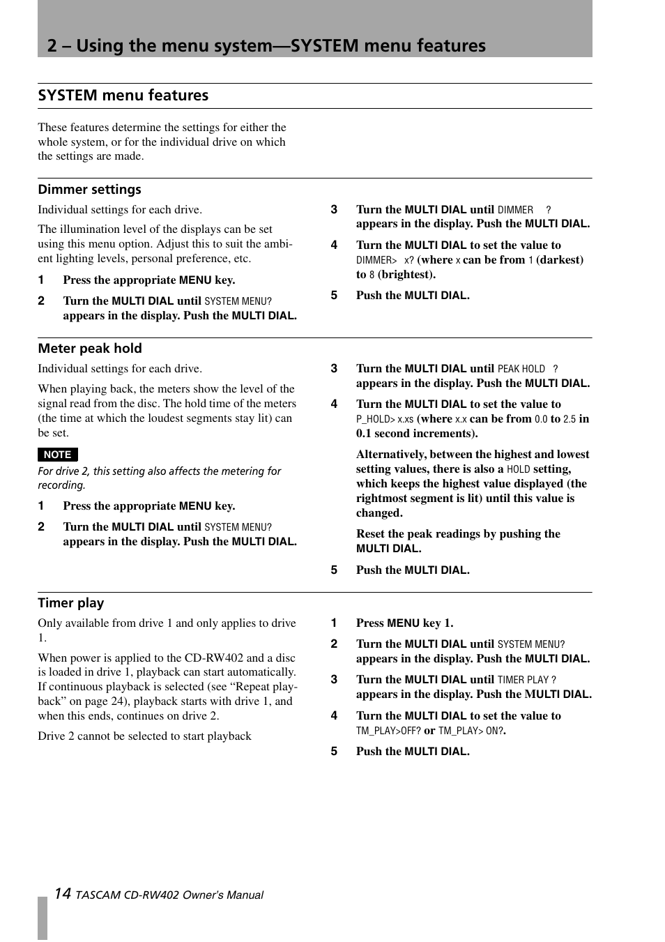 System menu features, Dimmer settings, Meter peak hold | Timer play, Dimmer settings meter peak hold timer play, 2 – using the menu system—system menu features | Tascam CD-RW402 User Manual | Page 14 / 56