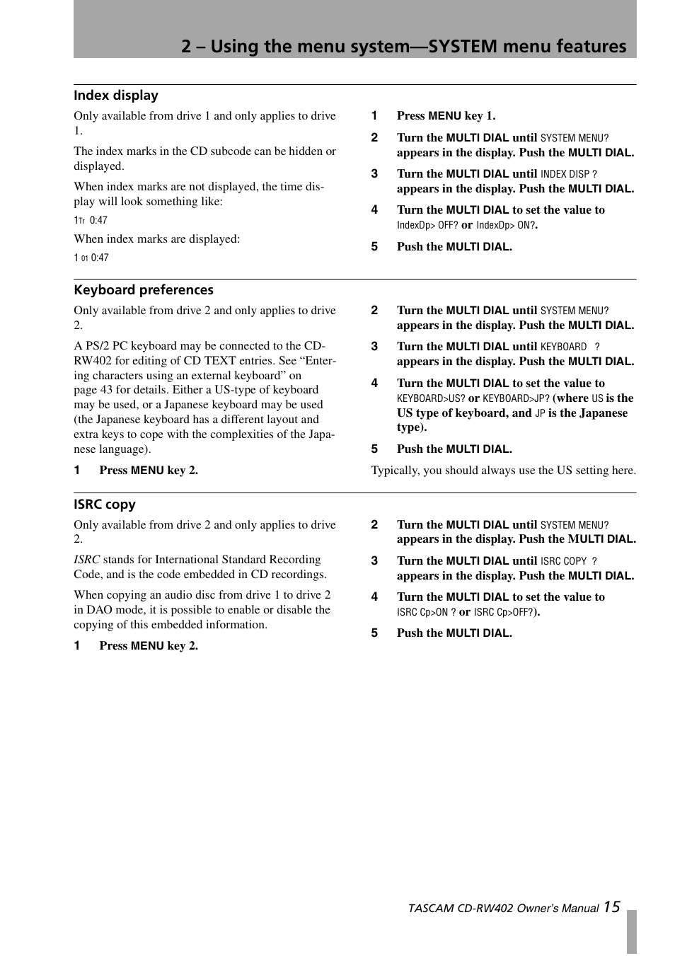 Index display, Keyboard preferences, Isrc copy | Index display keyboard preferences isrc copy, 2 – using the menu system—system menu features | Tascam CD-RW402 User Manual | Page 15 / 56