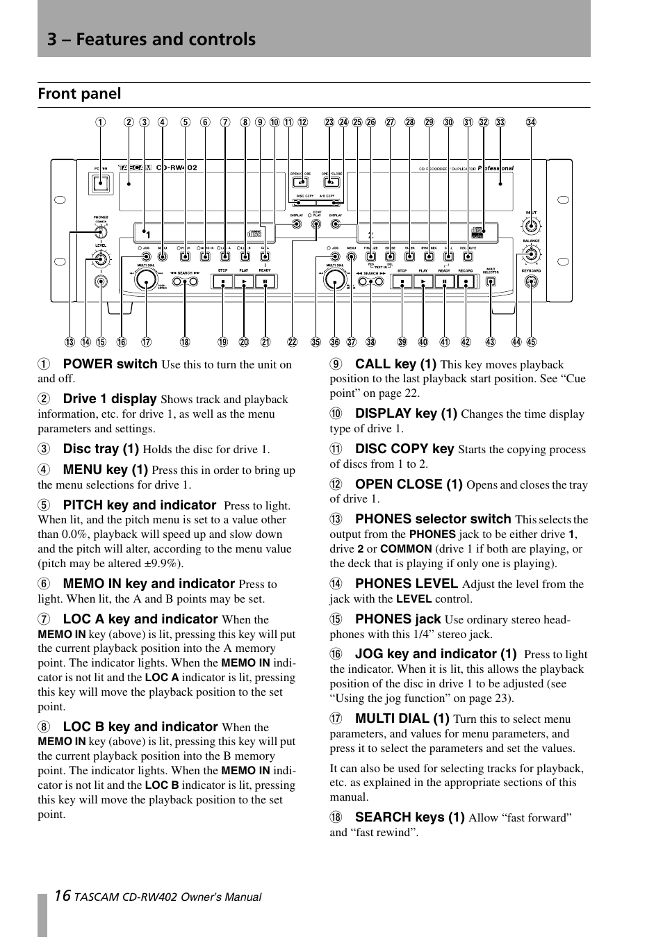 3 – features and controls, Front panel | Tascam CD-RW402 User Manual | Page 16 / 56