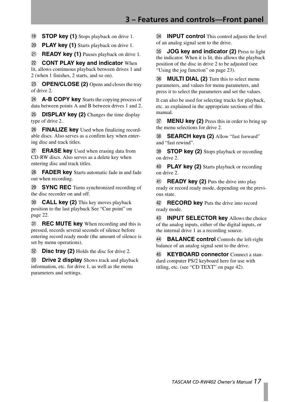 3 – features and controls—front panel | Tascam CD-RW402 User Manual | Page 17 / 56