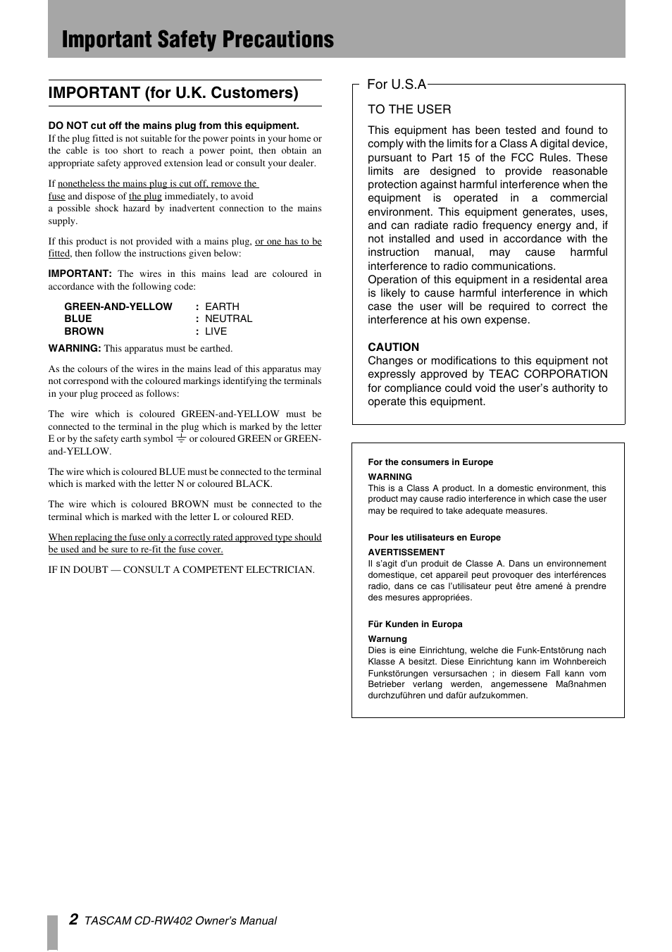 Important safety precautions, Important (for u.k. customers), For u.s.a | Tascam CD-RW402 User Manual | Page 2 / 56