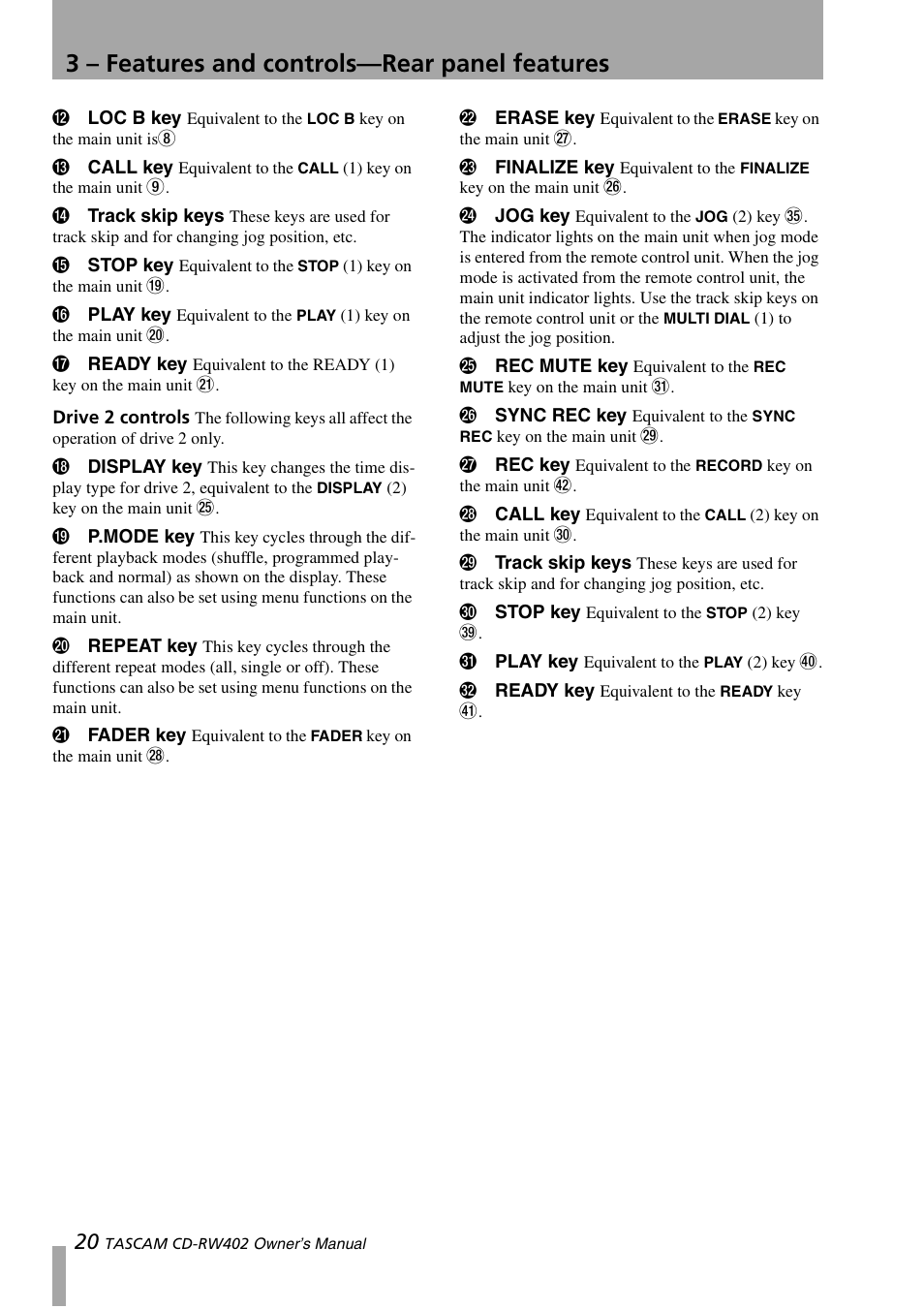 Drive 2 controls, 3 – features and controls—rear panel features | Tascam CD-RW402 User Manual | Page 20 / 56