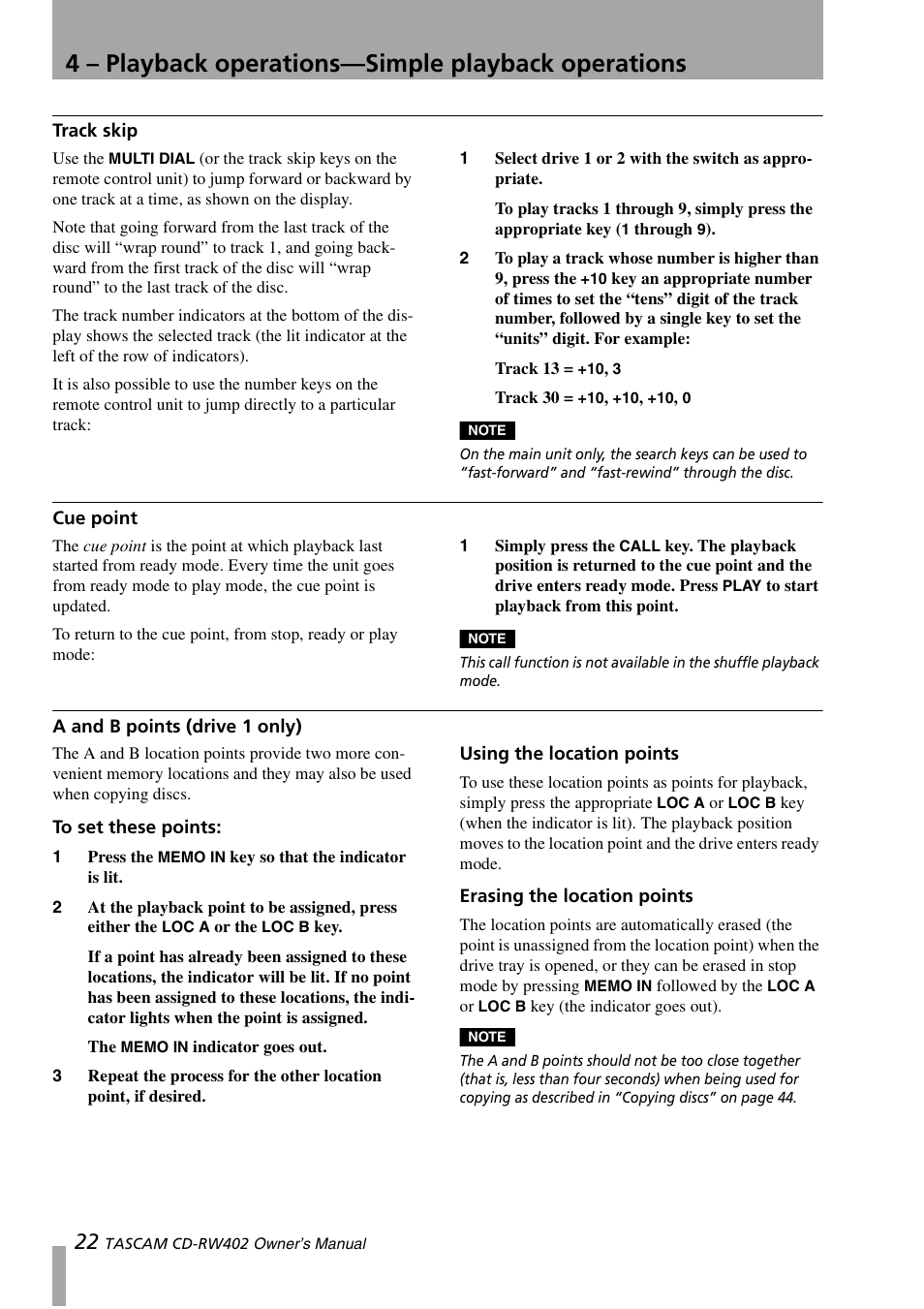 Track skip, Cue point, A and b points (drive 1 only) | To set these points, Using the location points, Erasing the location points, Track skip cue point a and b points (drive 1 only), 4 – playback operations—simple playback operations | Tascam CD-RW402 User Manual | Page 22 / 56