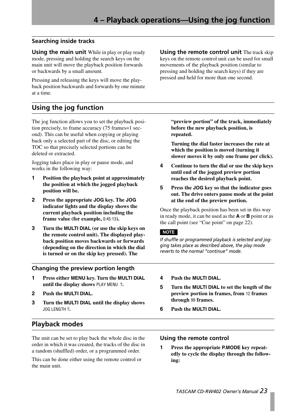 Searching inside tracks, Using the main unit, Using the remote control unit | Using the jog function, Changing the preview portion length, Playback modes, Using the remote control, Using the main unit using the remote control unit, 4 – playback operations—using the jog function | Tascam CD-RW402 User Manual | Page 23 / 56