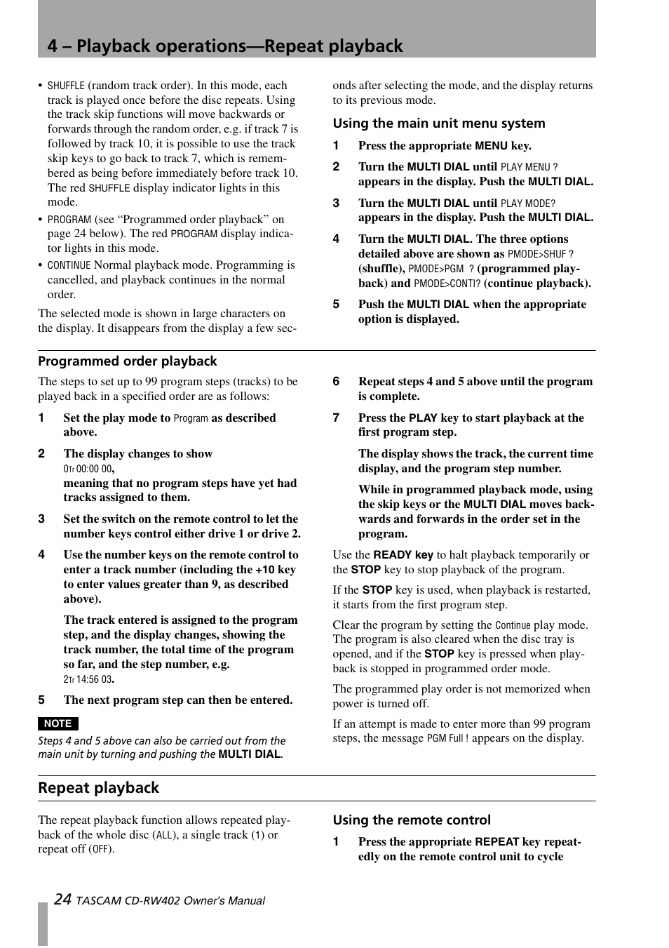 Using the main unit menu system, Programmed order playback, Repeat playback | Using the remote control, 4 – playback operations—repeat playback | Tascam CD-RW402 User Manual | Page 24 / 56