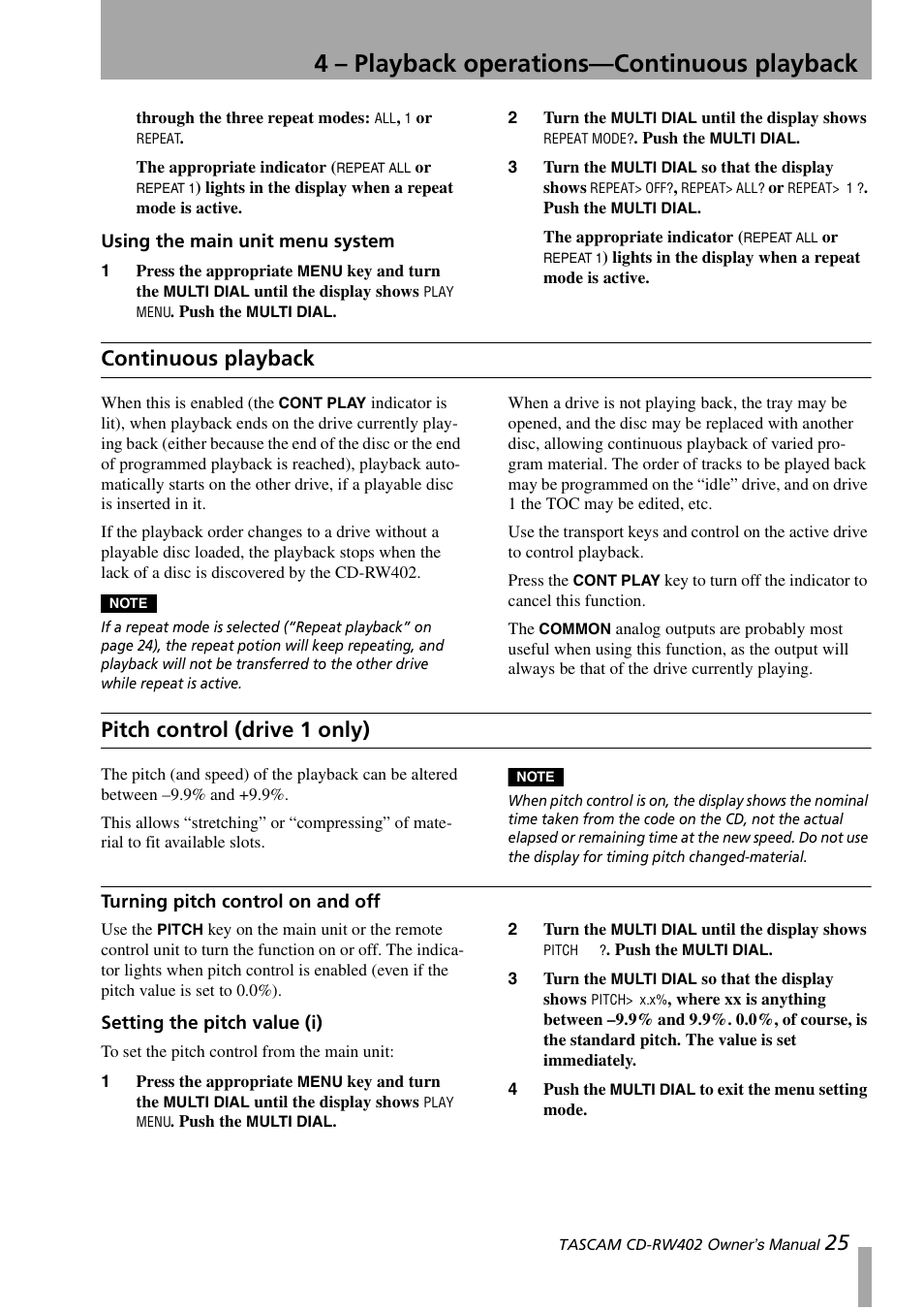 Using the main unit menu system, Continuous playback, Pitch control (drive 1 only) | Turning pitch control on and off, Setting the pitch value (i), Continuous playback pitch control (drive 1 only), 4 – playback operations—continuous playback | Tascam CD-RW402 User Manual | Page 25 / 56