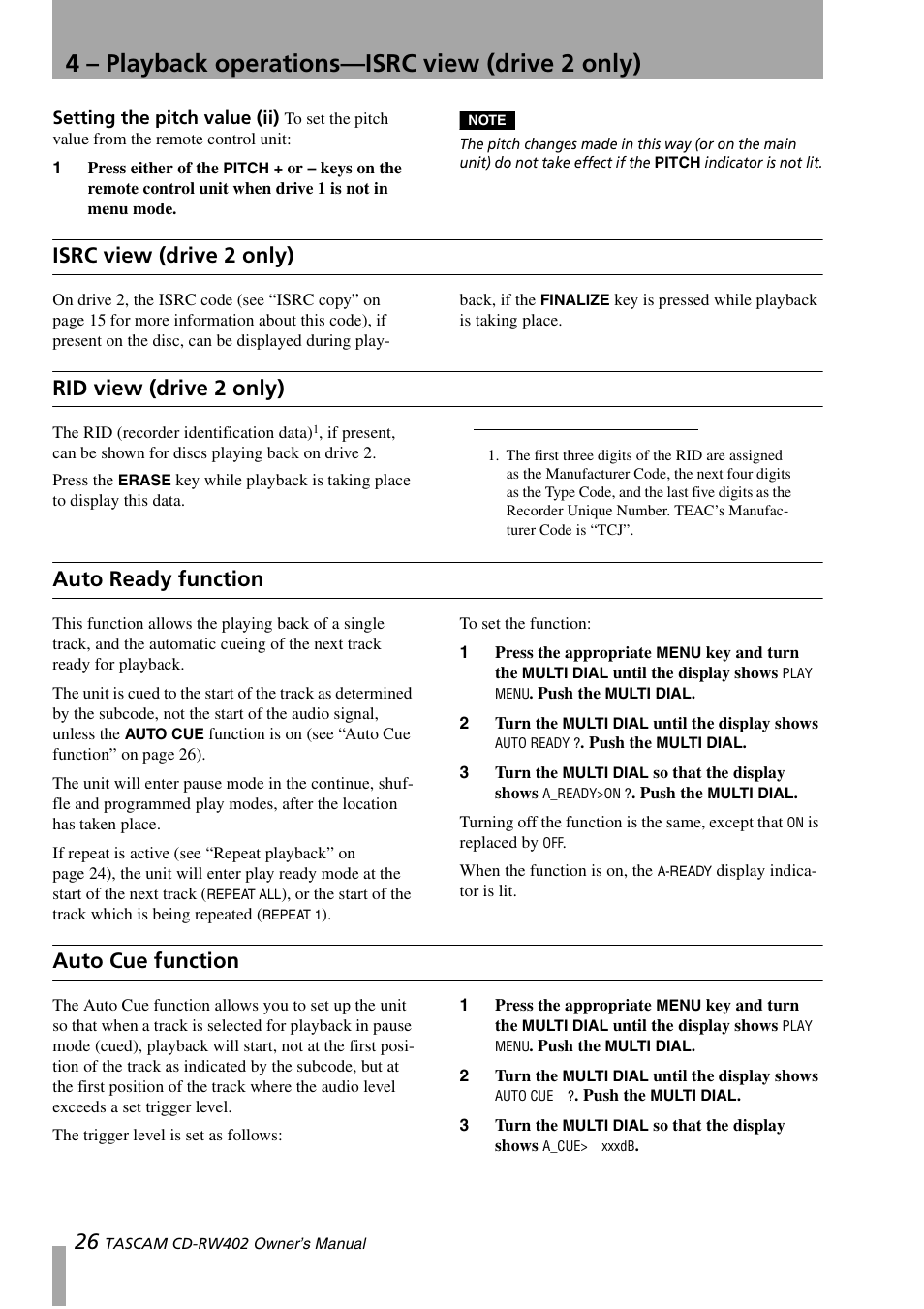 Setting the pitch value (ii), Isrc view (drive 2 only), Rid view (drive 2 only) | Auto ready function, Auto cue function, 4 – playback operations—isrc view (drive 2 only) | Tascam CD-RW402 User Manual | Page 26 / 56