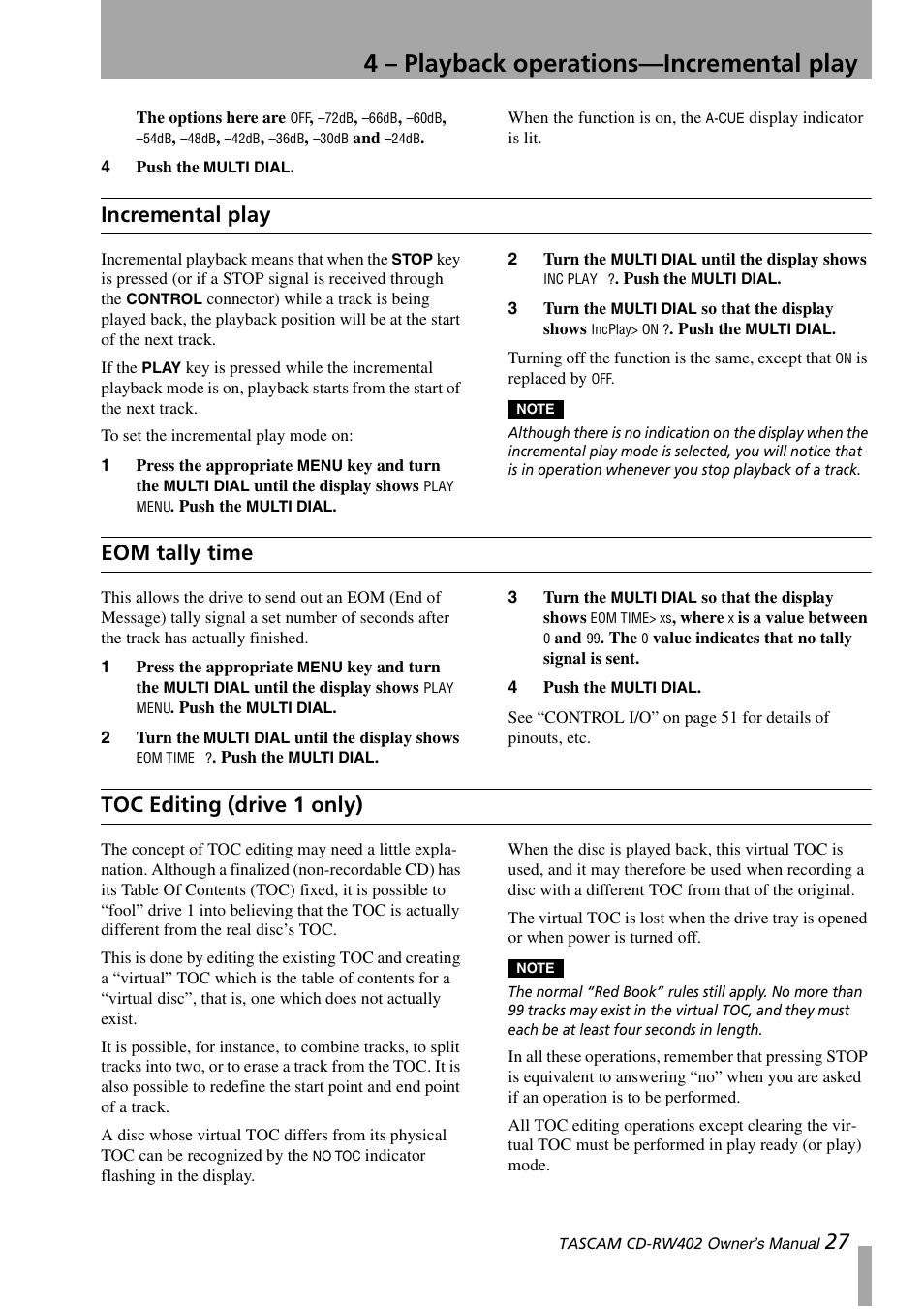 Incremental play, Eom tally time, Toc editing (drive 1 only) | 4 – playback operations—incremental play | Tascam CD-RW402 User Manual | Page 27 / 56